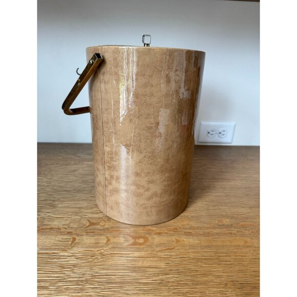 George Briard Vintage Tan Ice Bucket With Lid & Gold Handle 11" Tall Signed - Picture 1 of 7
